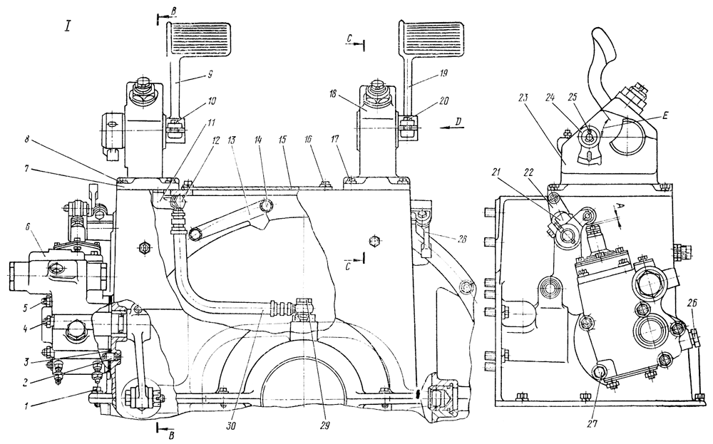 Механизм управления муфтой сцепления и горным тормозом Механизм управления муфтой сцепления и горным тормозом